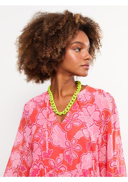 Yeni Sezon Bağlamalı Yaka Desenli Uzun Kollu Elbise modelleri