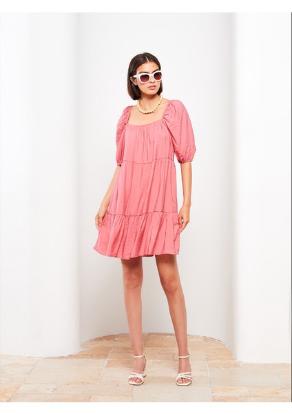 Yeni Sezon Kare Yaka Düz Balon Kollu Elbise modelleri