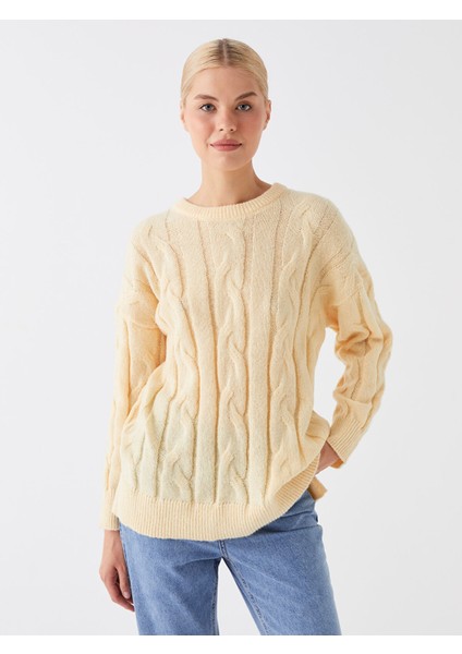 Yeni Sezon Bisiklet Yaka Kendinden Desenli Uzun Kollu Oversize Kadın Triko Tunik