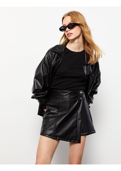 Yeni Sezon Kadın Beli Fermuarlı Düz Deri Görünümlü Şort Etek fırsatları