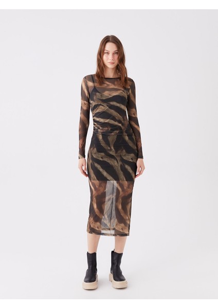 Yeni Sezon Bisiklet Yaka Desenli Uzun Kollu Elbise fiyatları