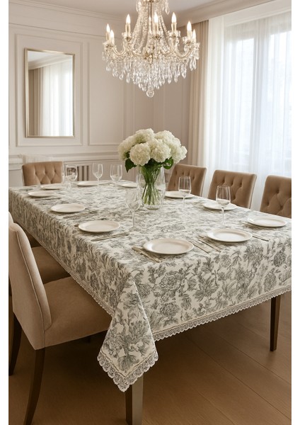 Çiçek Desenli Yeşil Masa Örtüsü Dertsiz Silinebilir Şık Sofra Bezi Lüks Çeyizlik Kaliteli Kumaş