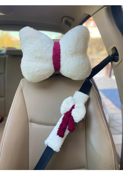 Oto Koltuğu Boyun Yastığı ve Emniyet Kemeri Kılıfı- Beyaz-Pelüş Araç Yastığı ve Emniyet Kemeri Seti