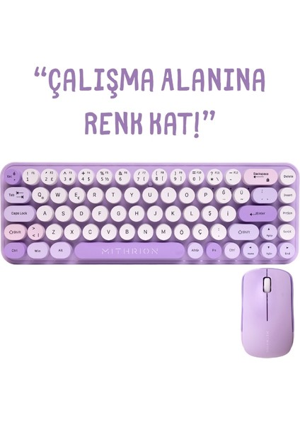 Retro Pastel Renkli Kablosuz Klavye ve Mouse Seti - Türkçe Q Klavye