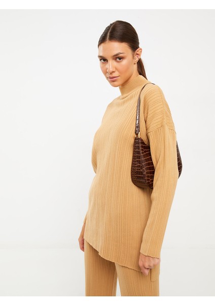Yeni Sezon Yarım Balıkçı Yaka Çizgili Uzun Kollu Kadın Triko Tunik
