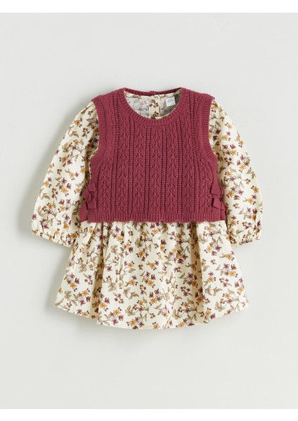 Yeni Sezon Bisiklet Yaka Uzun Kollu Desenli Kız Çocuk Elbise ve Süveter 2'li Takım
