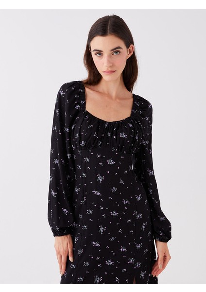 Yeni Sezon U Yaka Çiçekli Uzun Kollu Elbise fiyatları