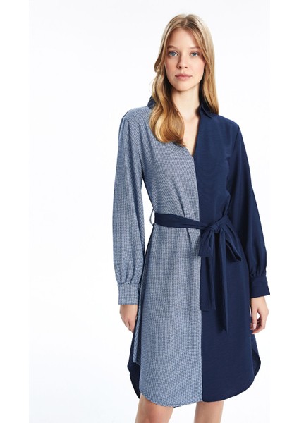 Yeni Sezon Gömlek Yaka Renk Bloklu Elbise