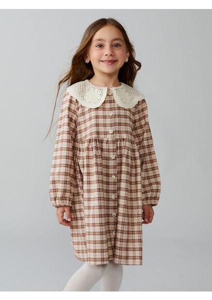 Yeni Sezon Bebe Yaka Ekose Desen Flanel Kız Çocuk Elbise