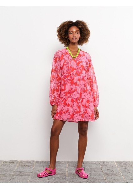 Yeni Sezon Bağlamalı Yaka Desenli Uzun Kollu Elbise