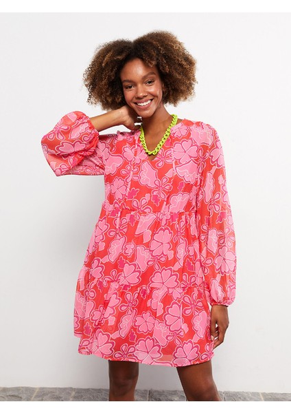 Yeni Sezon Bağlamalı Yaka Desenli Uzun Kollu Elbise fiyatları