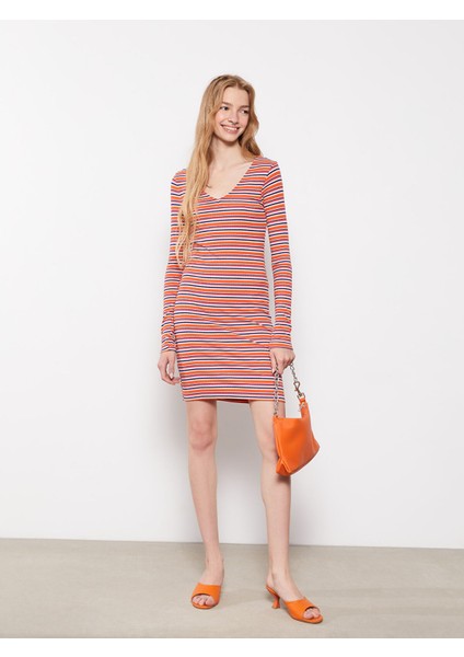 Yeni Sezon V Yaka Çizgili Uzun Kollu Kadın Bodycon Elbise