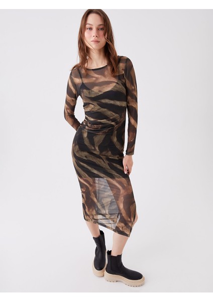 Yeni Sezon Bisiklet Yaka Desenli Uzun Kollu Elbise