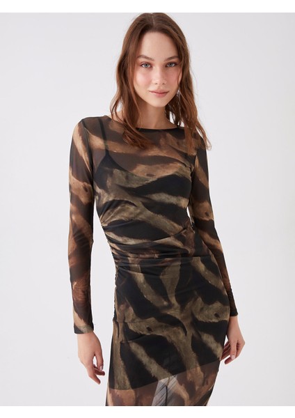 Yeni Sezon Bisiklet Yaka Desenli Uzun Kollu Elbise modelleri