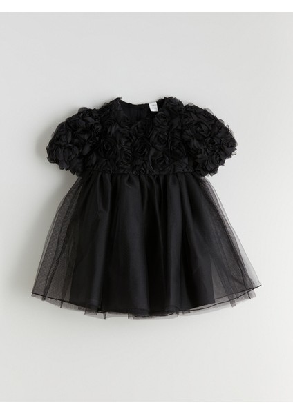 Yeni Sezon Çiçek Aplikeli Kız Çocuk Abiye Elbise