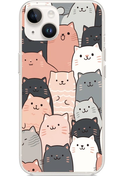 iPhone 13 - 14 Uyumlu Pufi Kedicikler Tasarımlı Baskılı Silikon Kılıf