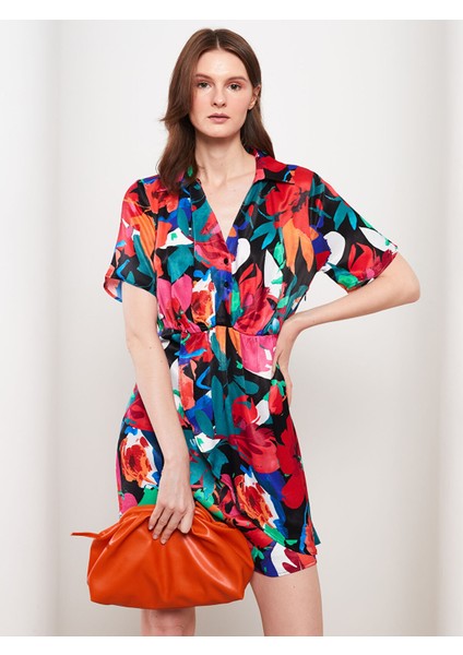 Yeni Sezon Gömlek Yaka Desenli Kısa Kollu Saten Elbise