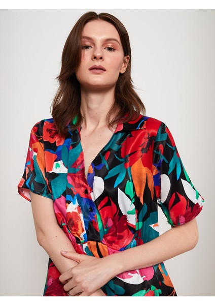 Yeni Sezon Gömlek Yaka Desenli Kısa Kollu Saten Elbise fiyatları