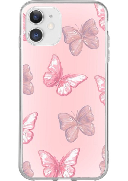 iPhone 11 Uyumlu Pembe Kelebekler Baskılı Silikon Kılıf