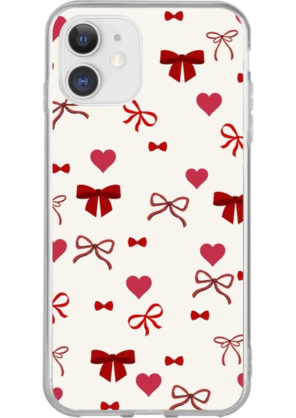 iPhone 11 Uyumlu Bordo Kalp ve Fiyonklar Baskılı Silikon Kılıf