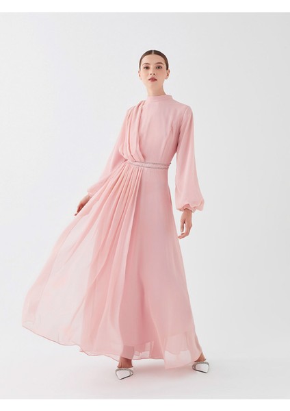 Yeni Sezon Bisiklet Yaka Taş Işlemeli Uzun Kollu Kadın Abiye Elbise