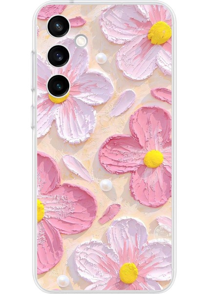 Samsung Galaxy S23 Fe Uyumlu Pembe Beyaz Çiçekler Sulu Boya Baskılı Silikon Kılıf