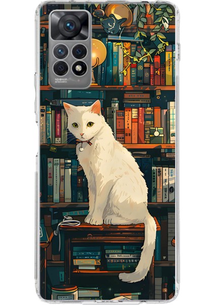 Redmi Note 12 Pro 4g Uyumlu Kitaplık Beyaz Kedi Tasarımlı Baskılı Silikon Kılıf