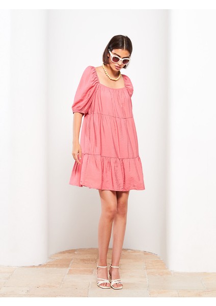 Yeni Sezon Kare Yaka Düz Balon Kollu Elbise