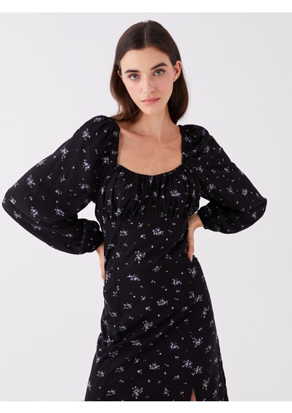 Yeni Sezon U Yaka Çiçekli Uzun Kollu Elbise modelleri