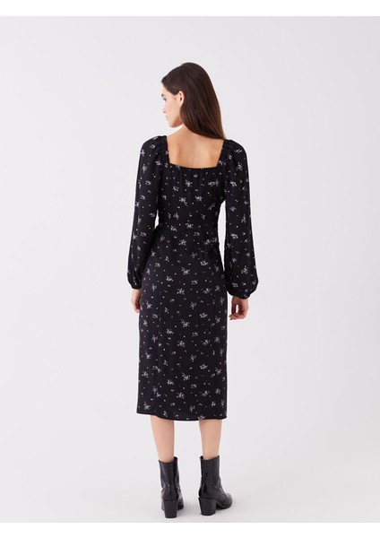 Yeni Sezon U Yaka Çiçekli Uzun Kollu Elbise indirimleri