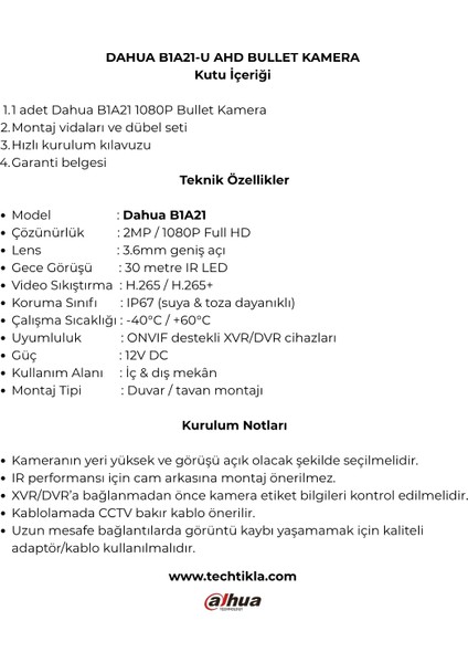 B1A21-U 2mp Bullet Güvenlik Kamerası Ir Gece Görüşü, 30M, Ip&/,3.6mm Lens indirimleri