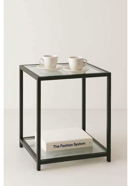 Modern Loft Tarz 2 Katlı Cam Sehpa – Siyah Metal Gövdeli Yan Sehpa modelleri