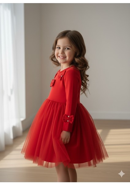 Kız Çocuk Elbise, Kırmızı, Tül Etekli, Fiyonk ve Taş Detaylı modelleri