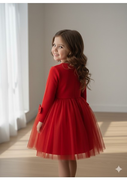 Kız Çocuk Elbise, Kırmızı, Tül Etekli, Fiyonk ve Taş Detaylı fırsatları