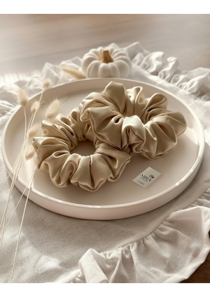 2'li Lüks Kadın Saten Toka - Bej Parıltı - Lastik Model Scrunchie - Anne Kız Kombini