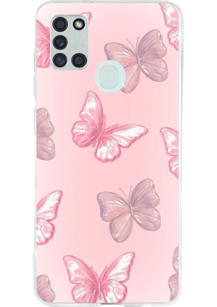Samsung Galaxy A21S Uyumlu Pembe Kelebekler Baskılı Silikon Kılıf