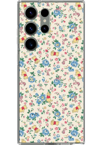 Samsung Galaxy S23 Ultra Uyumlu Ayı Winnie Pooh ve Çiçekler Baskılı Silikon Kılıf