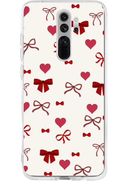 Redmi Note 8 Pro Uyumlu Bordo Kalp ve Fiyonklar Baskılı Silikon Kılıf