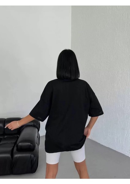 Unisex Bisiklet Yaka Baskılı Oversize T-Shirt - Beyaz modelleri