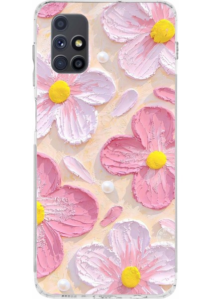 Samsung Galaxy M51 Uyumlu Pembe Beyaz Çiçekler Sulu Boya Baskılı Silikon Kılıf