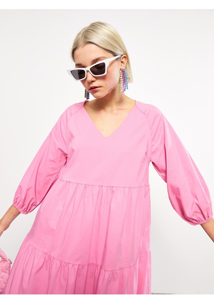 Yeni Sezon V Yaka Düz Poplin Elbise modelleri