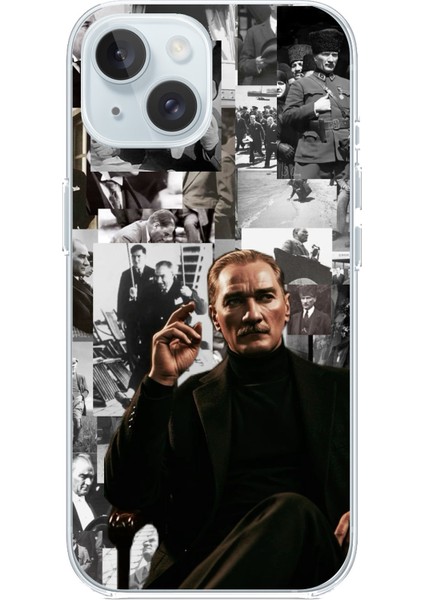 iPhone 15 Uyumlu Mustafa Kemal Atatürk Kolaj Baskılı Silikon Kılıf