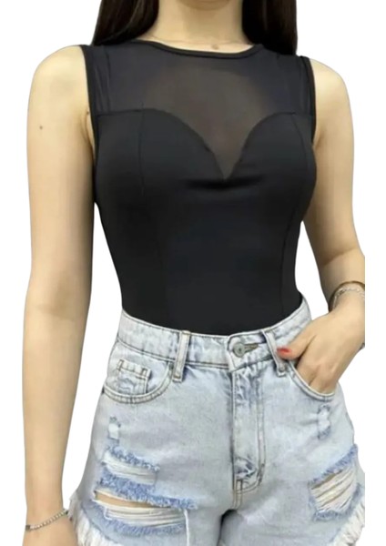 Tül Detaylı Dalgıç Bluz-Si̇yah