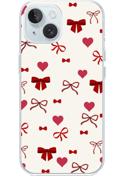 iPhone 15 Uyumlu Bordo Kalp ve Fiyonklar Baskılı Silikon Kılıf