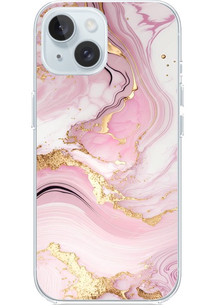 iPhone 15 Uyumlu Pembe Mermer Baskılı Silikon Kılıf