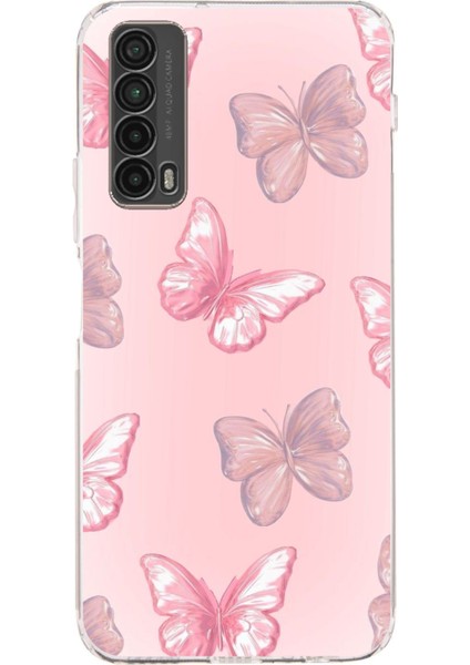 Huawei P Smart 2021 Uyumlu Pembe Kelebekler Baskılı Silikon Kılıf