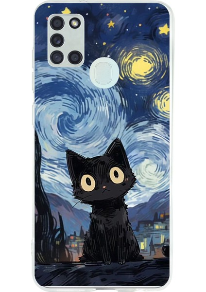 Samsung Galaxy A21S Uyumlu Gece Yarısı Kedi Tasarımlı Baskılı Silikon Kılıf