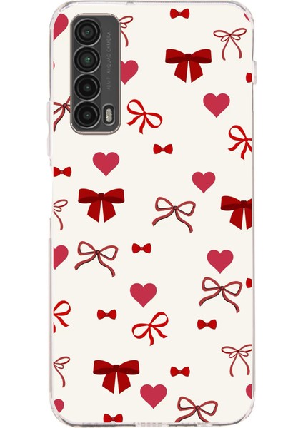 Huawei P Smart 2021 Uyumlu Bordo Kalp ve Fiyonklar Baskılı Silikon Kılıf