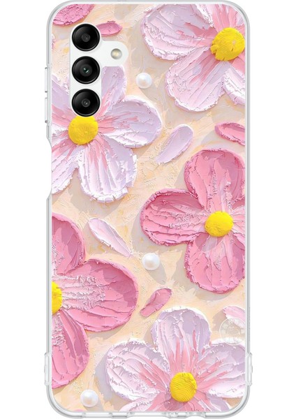 Samsung Galaxy A04S Uyumlu Pembe Beyaz Çiçekler Sulu Boya Baskılı Silikon Kılıf