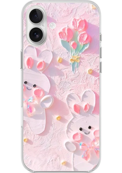 iPhone 16 Plus Uyumlu Sevimli Tavşanlar Baskılı Silikon Kılıf